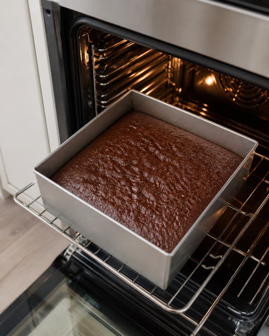 Black bean chocolate cake baking until set at the edges with a fudgy centre under tilberedningen af bønnekage med chokolade og kaffe
