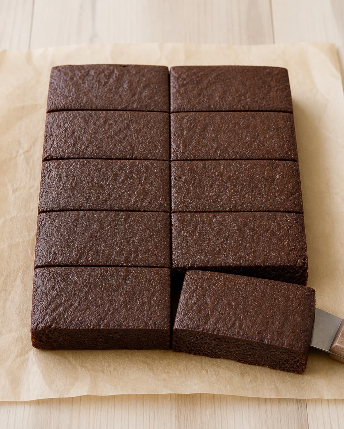 Cooled bean chocolate cake being cut cleanly to reveal a dense fudgy crumb under tilberedningen af bønnekage med chokolade og kaffe