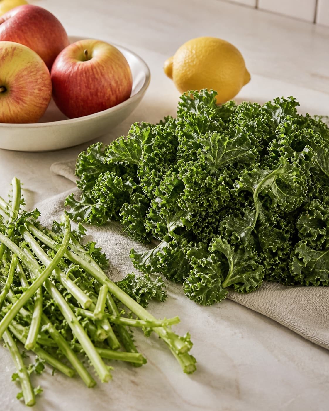 Clean dry kale leaves separated from tough stems beside washed apples and lemon under tilberedningen af grønkålssalat med æble og feta
