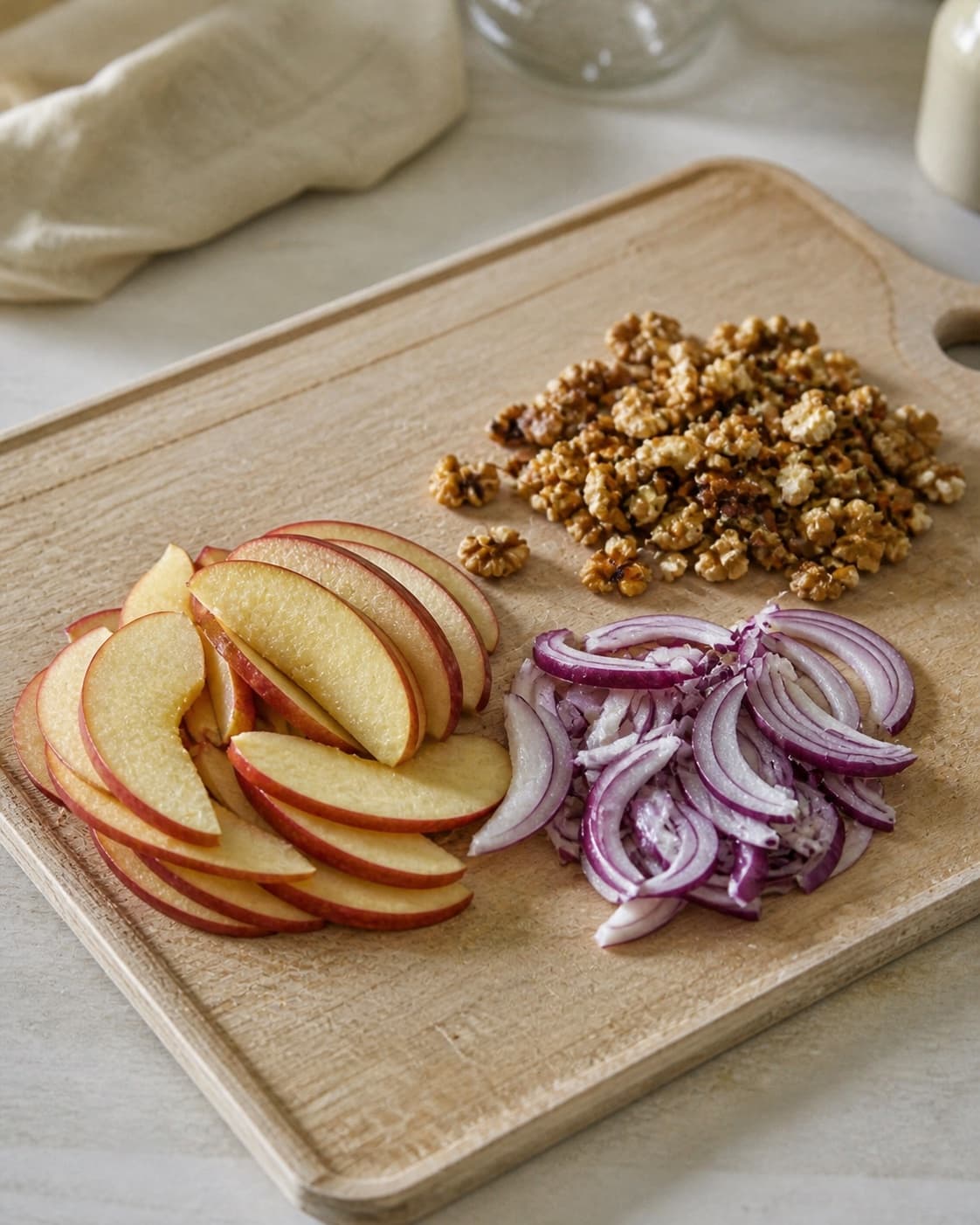 Thin apple wedges and red onion beside freshly toasted walnut pieces under tilberedningen af grønkålssalat med æble og feta