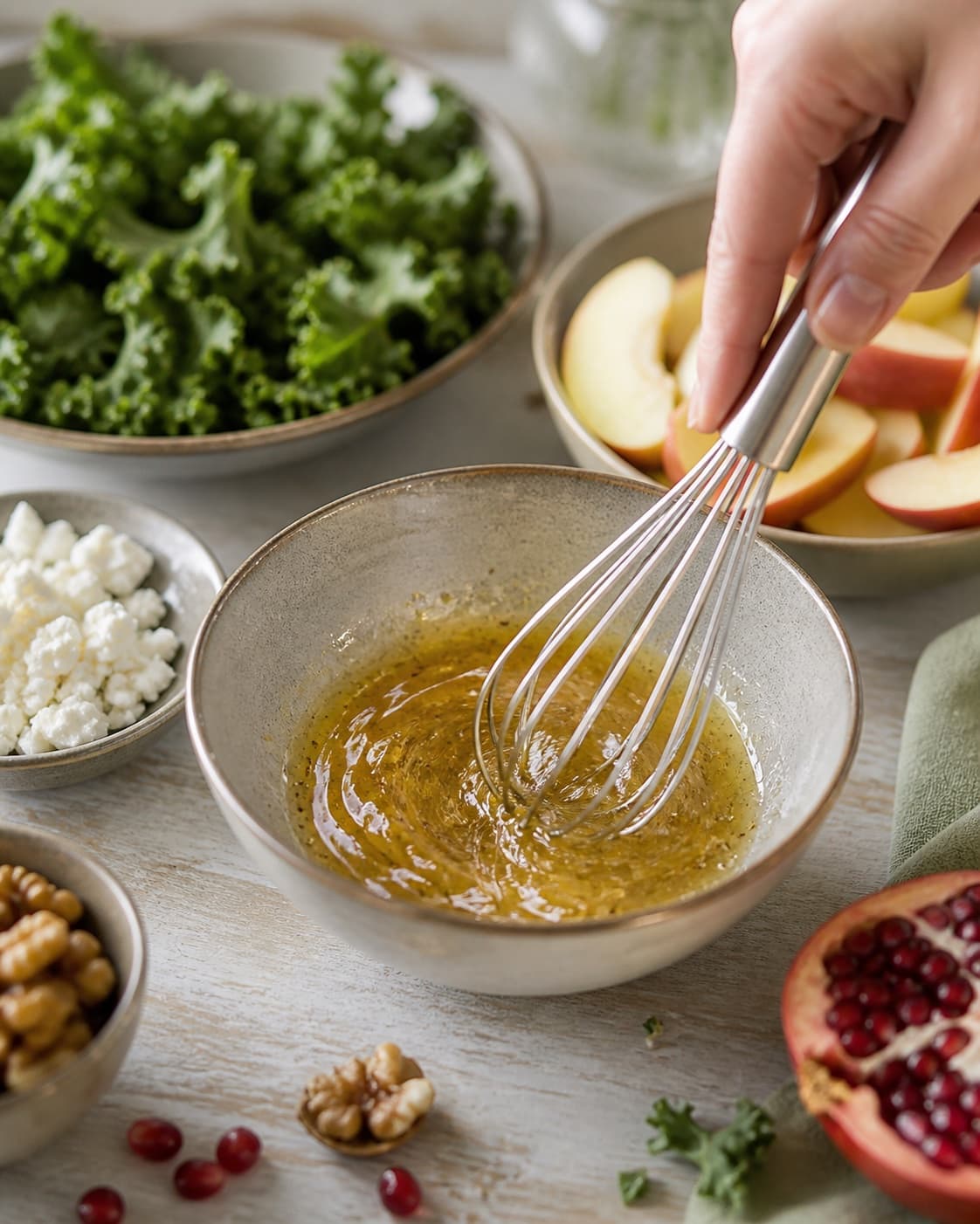 Lemon Dijon honey dressing emulsifying as olive oil is whisked in slowly under tilberedningen af grønkålssalat med æble og feta