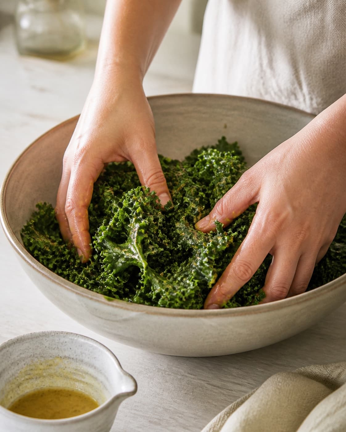 Kale leaves being massaged with lemon mustard dressing until dark green and tender under tilberedningen af grønkålssalat med æble og feta