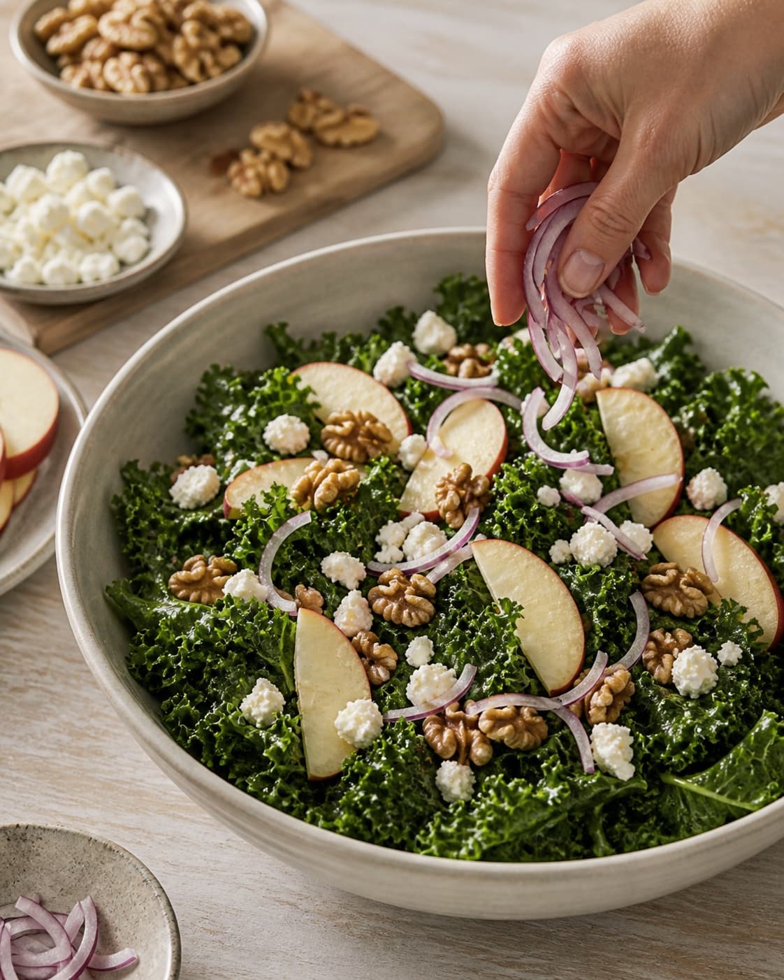 Tender kale salad receiving crisp apple feta toasted walnuts and red onion under tilberedningen af grønkålssalat med æble og feta