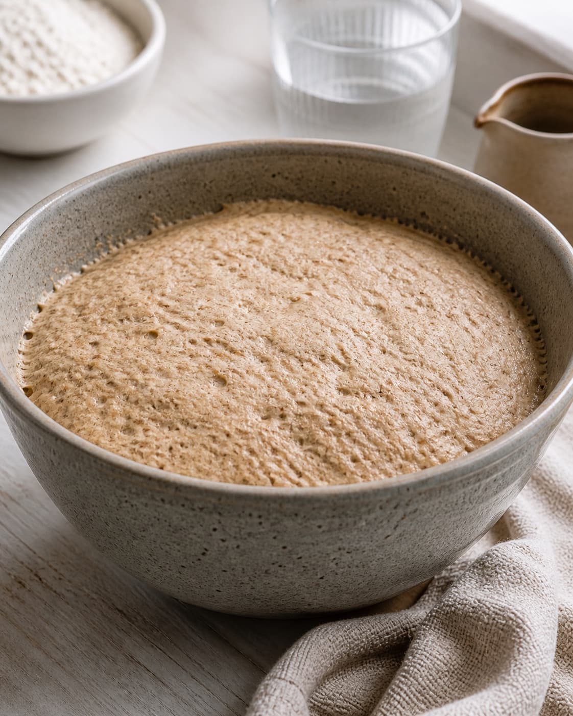 Wholegrain dough proofing until airy with small bubbles along the bowl under tilberedningen af grove burgerboller med sesam