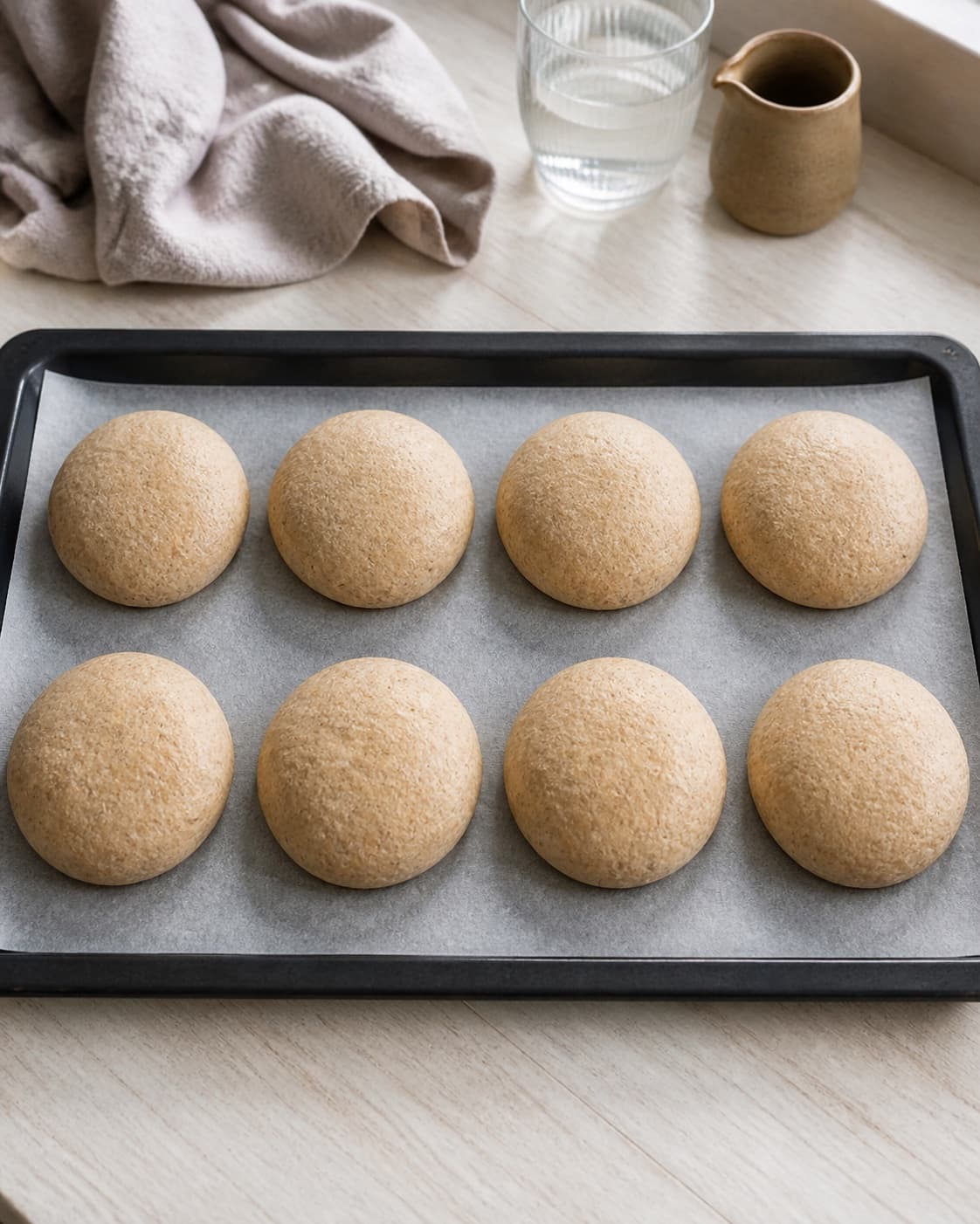 Eight equal wholegrain burger buns being rounded flattened and left for final proof under tilberedningen af grove burgerboller med sesam
