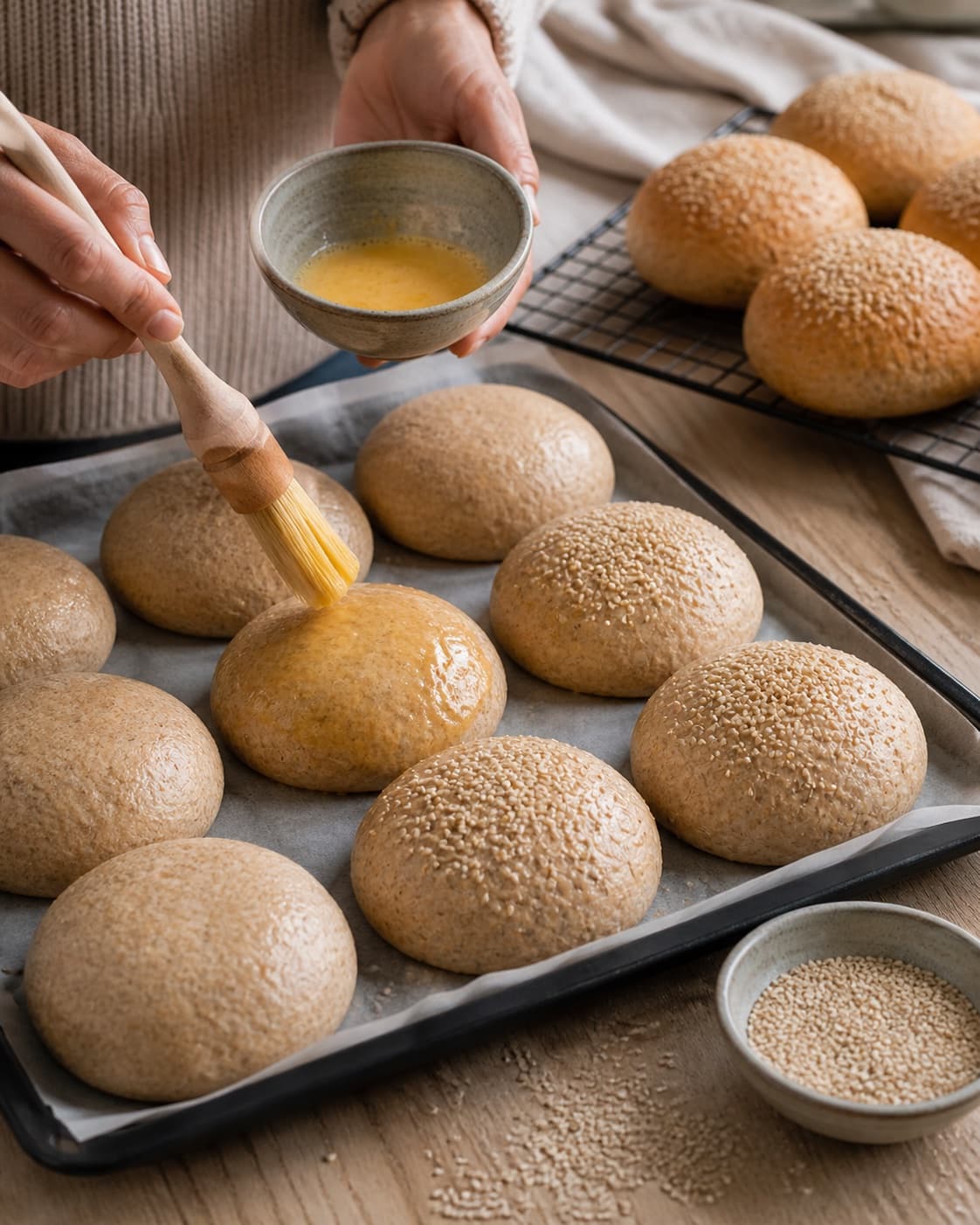 Proofed burger buns being brushed with egg sprinkled with sesame and baked golden under tilberedningen af grove burgerboller med sesam