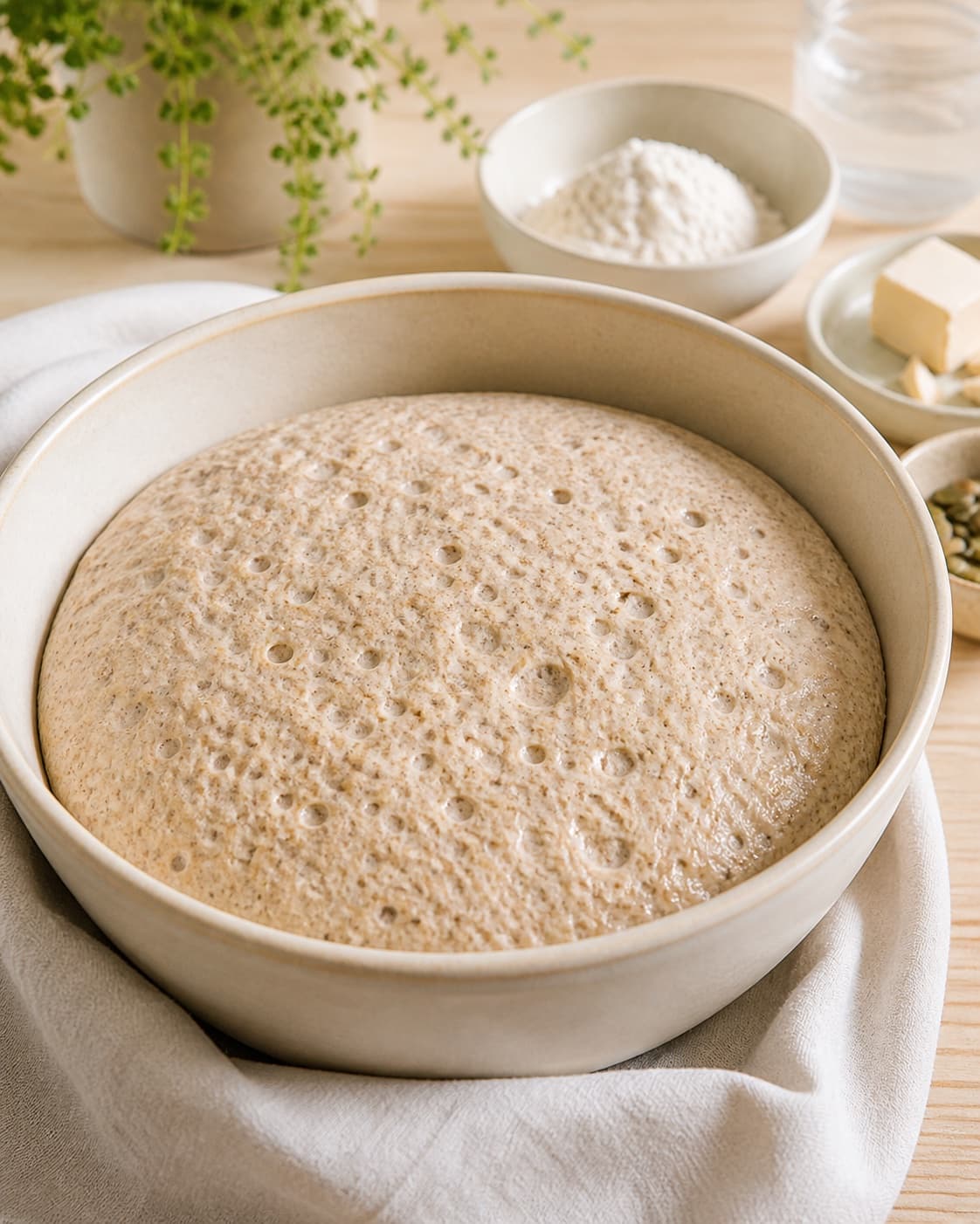 Graham bun dough proofing until airy and one and a half times its volume under tilberedningen af grahamsboller – hurtige og nemme boller med grahamsmel