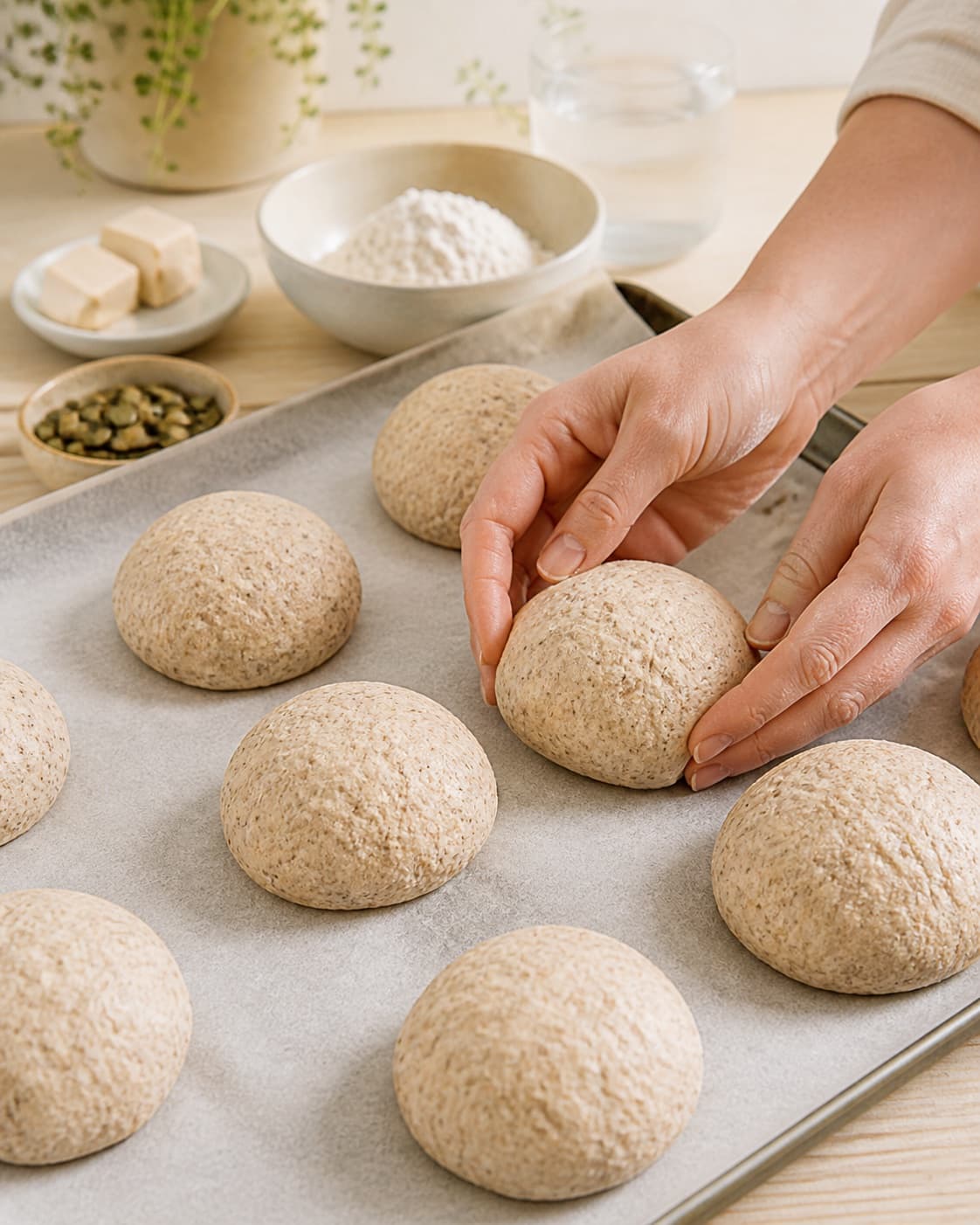Twelve equal rustic graham buns being folded gently without losing the air bubbles under tilberedningen af grahamsboller – hurtige og nemme boller med grahamsmel