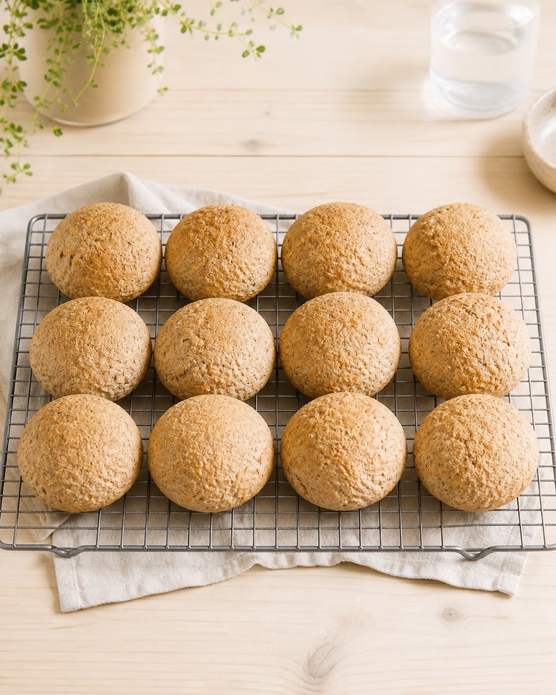 Rustic graham buns baking until evenly golden with a dry firm base under tilberedningen af grahamsboller – hurtige og nemme boller med grahamsmel