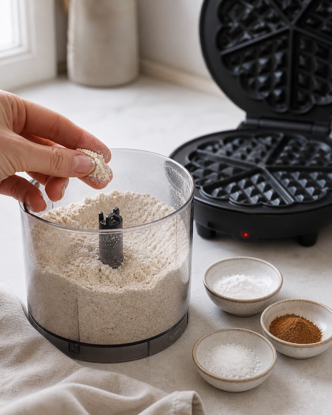 Fine gluten-free oat flour baking powder cinnamon and salt prepared by a hot waffle iron under tilberedningen af bananvafler – sunde og nemme vafler med banan og havregryn