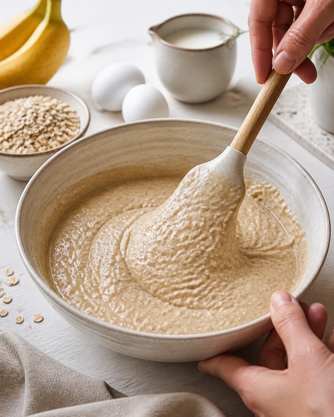 Banana eggs milk and rapeseed oil blending before gluten-free oat flour is folded in under tilberedningen af bananvafler – sunde og nemme vafler med banan og havregryn