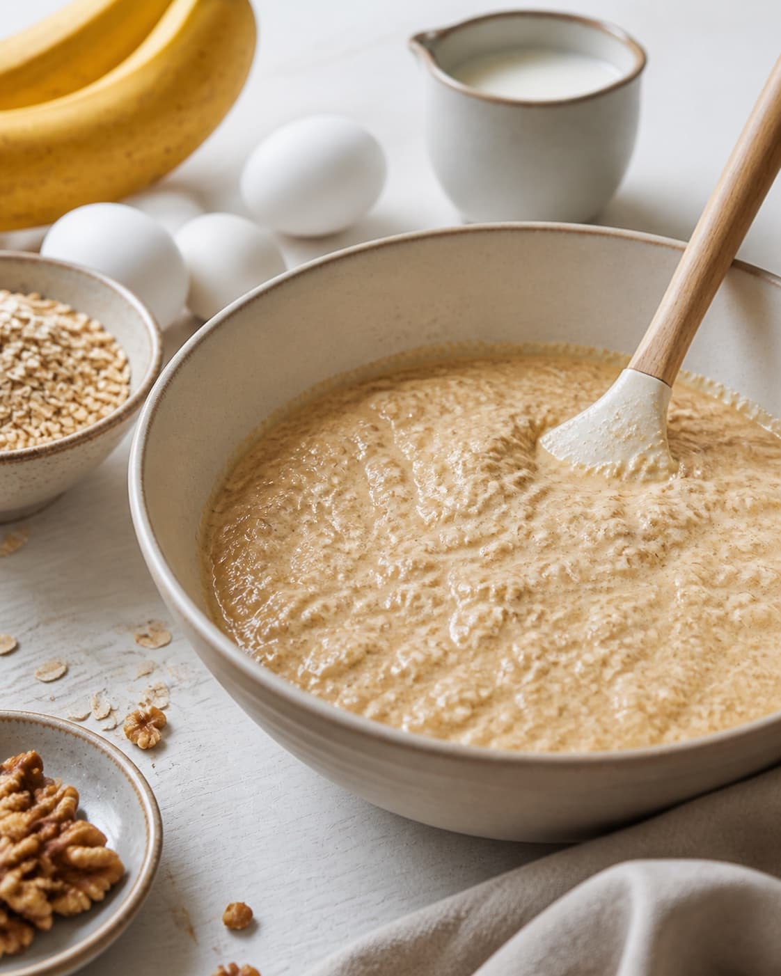 Banana oat waffle batter resting until creamy and fully hydrated under tilberedningen af bananvafler – sunde og nemme vafler med banan og havregryn