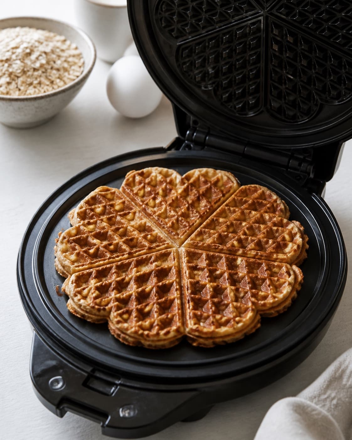 Banana oat waffles baking until golden with a crisp defined grid under tilberedningen af bananvafler – sunde og nemme vafler med banan og havregryn