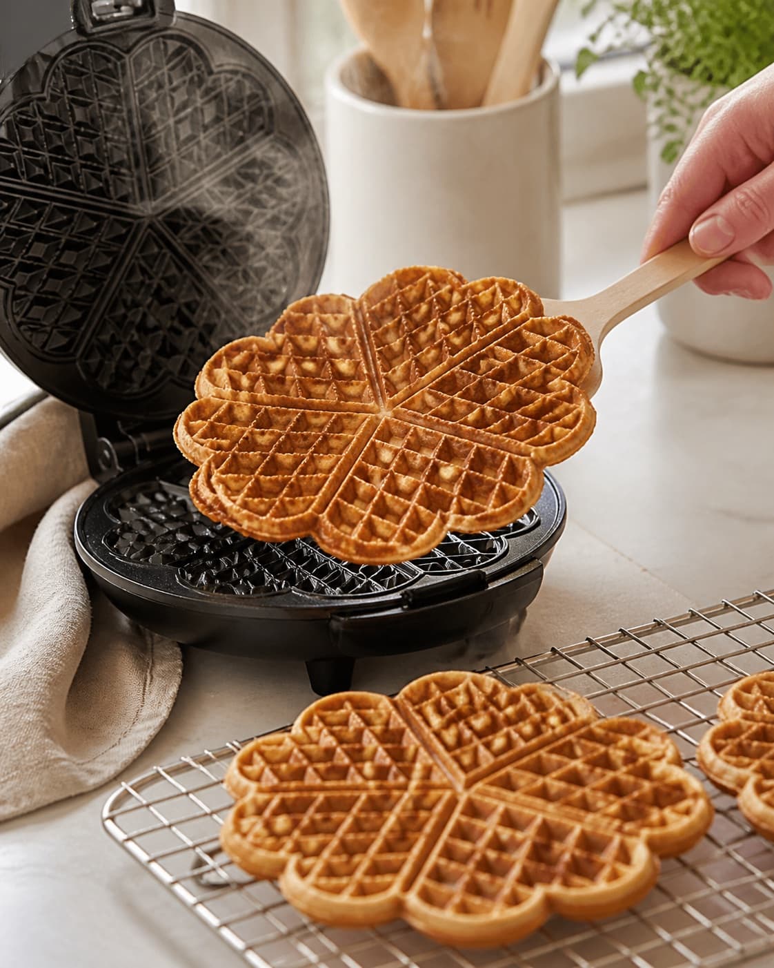 Golden banana oat waffles cooling separately on a rack before immediate serving under tilberedningen af bananvafler – sunde og nemme vafler med banan og havregryn