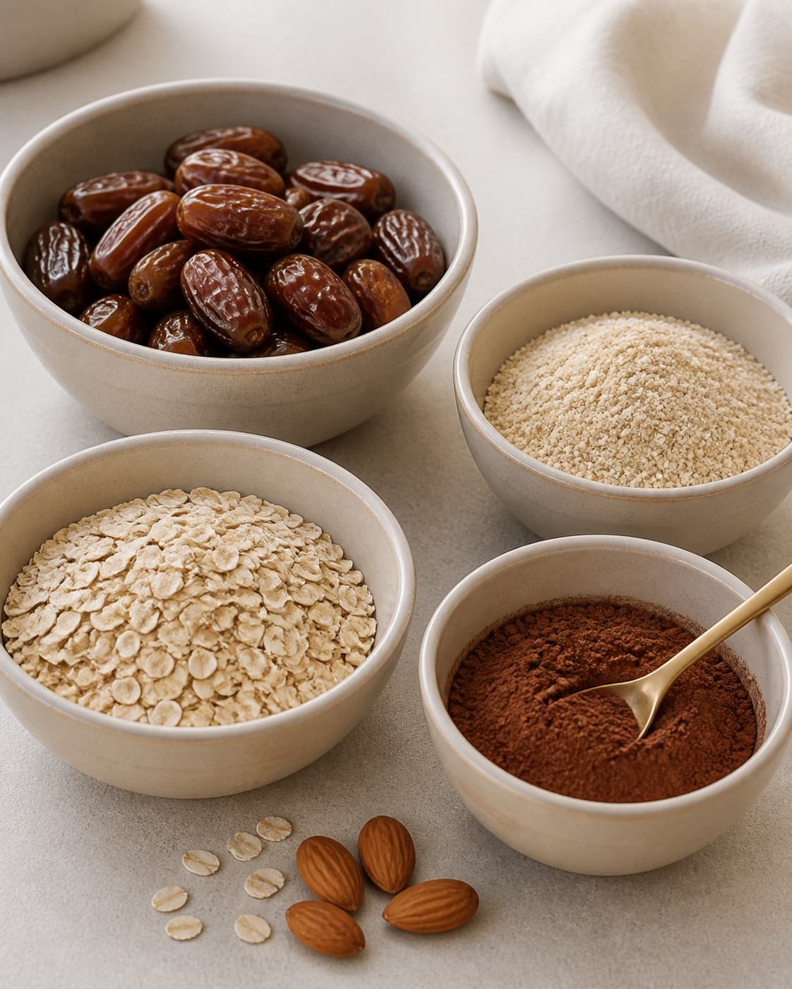 Pitted dates almonds oats cocoa coconut vanilla oil and salt measured separately under tilberedningen af dadelkugler – en grundopskrift