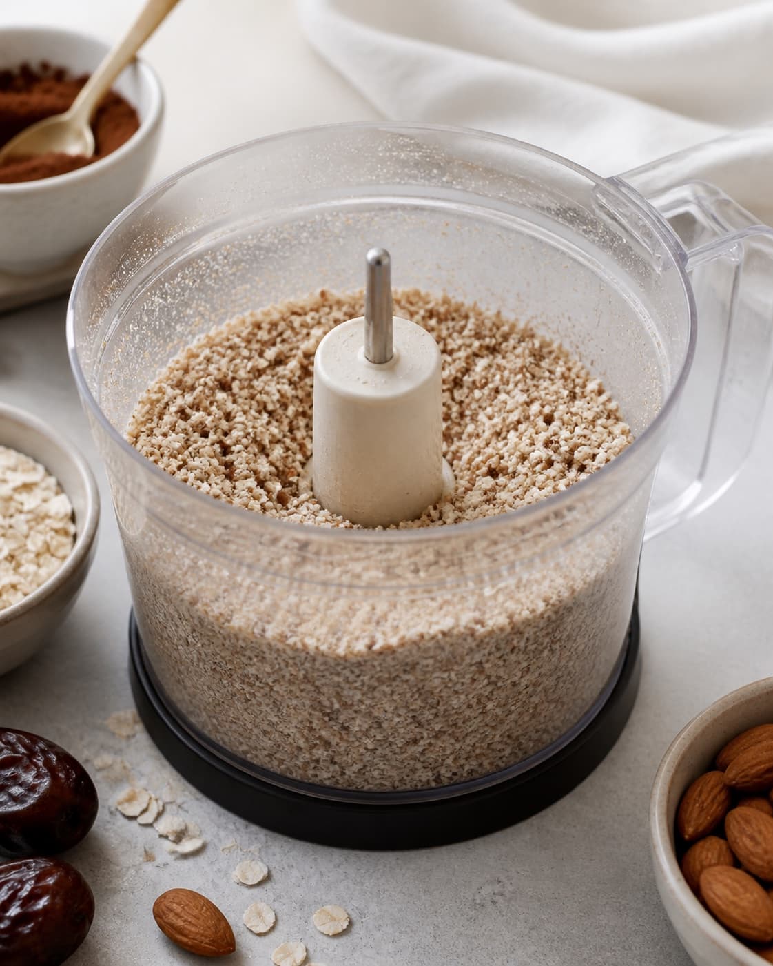Almonds gluten-free oats cocoa and salt pulsed into an even fine crumb under tilberedningen af dadelkugler – en grundopskrift