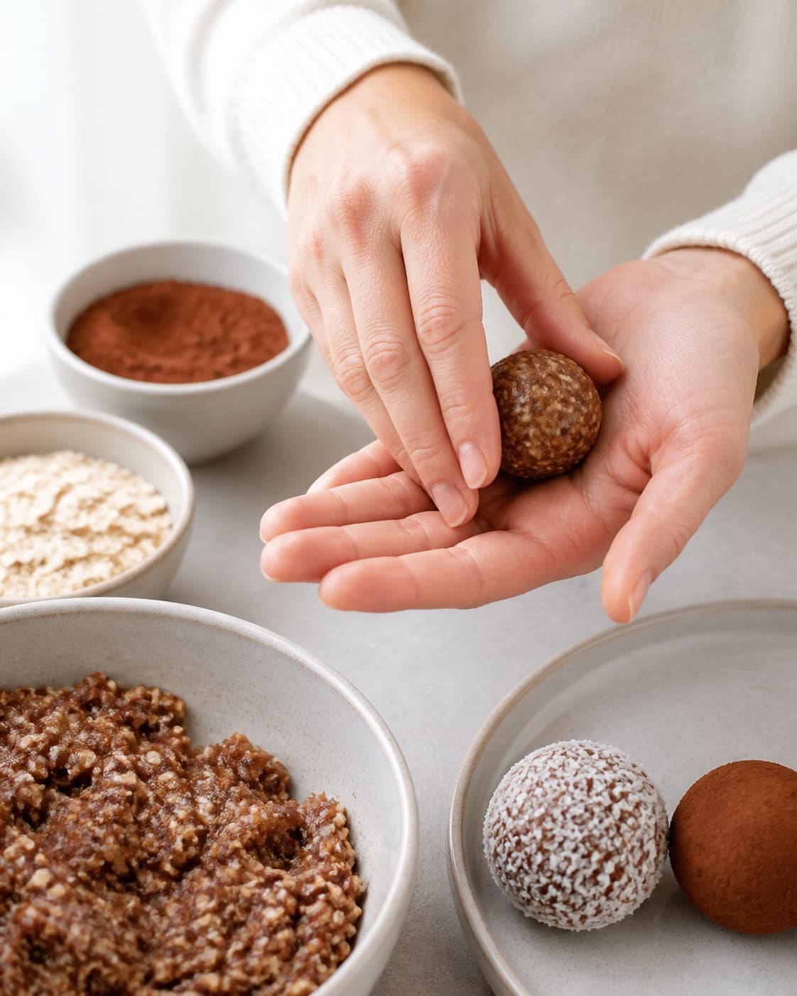 Twenty equal date cocoa balls being rolled quickly between lightly damp hands under tilberedningen af dadelkugler – en grundopskrift