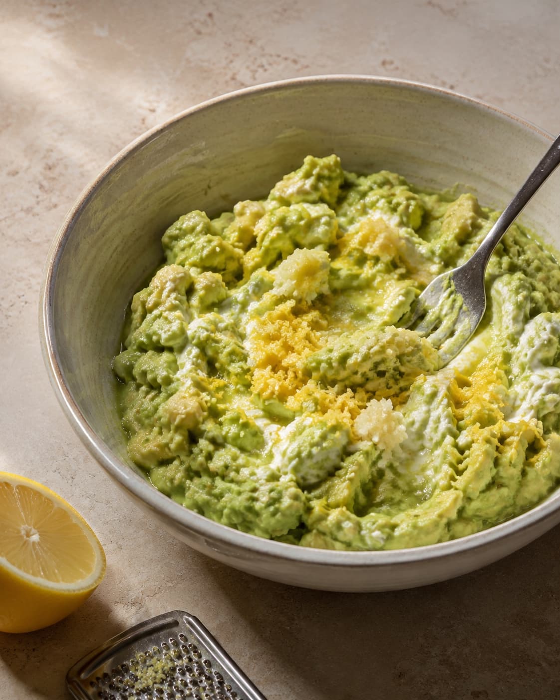 Avocado moses groft med yoghurt, citron og hvidløg til en smørbar creme