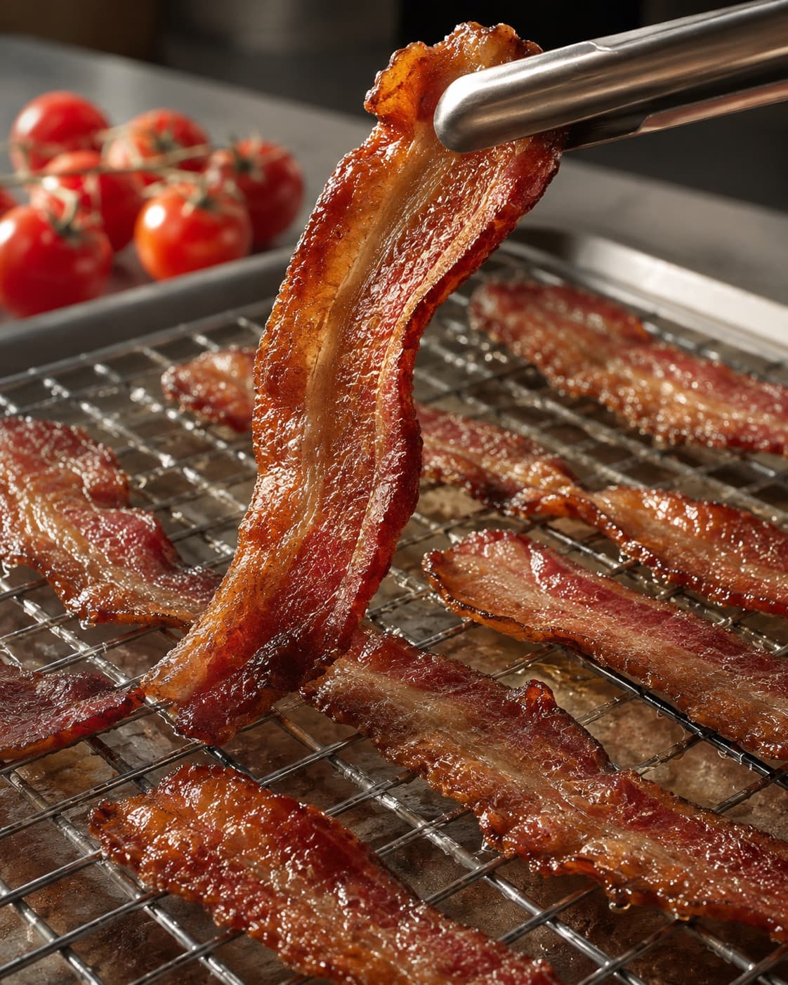 Færdig airfryer-bacon hviler på metalrist og kontrolleres for sprødhed