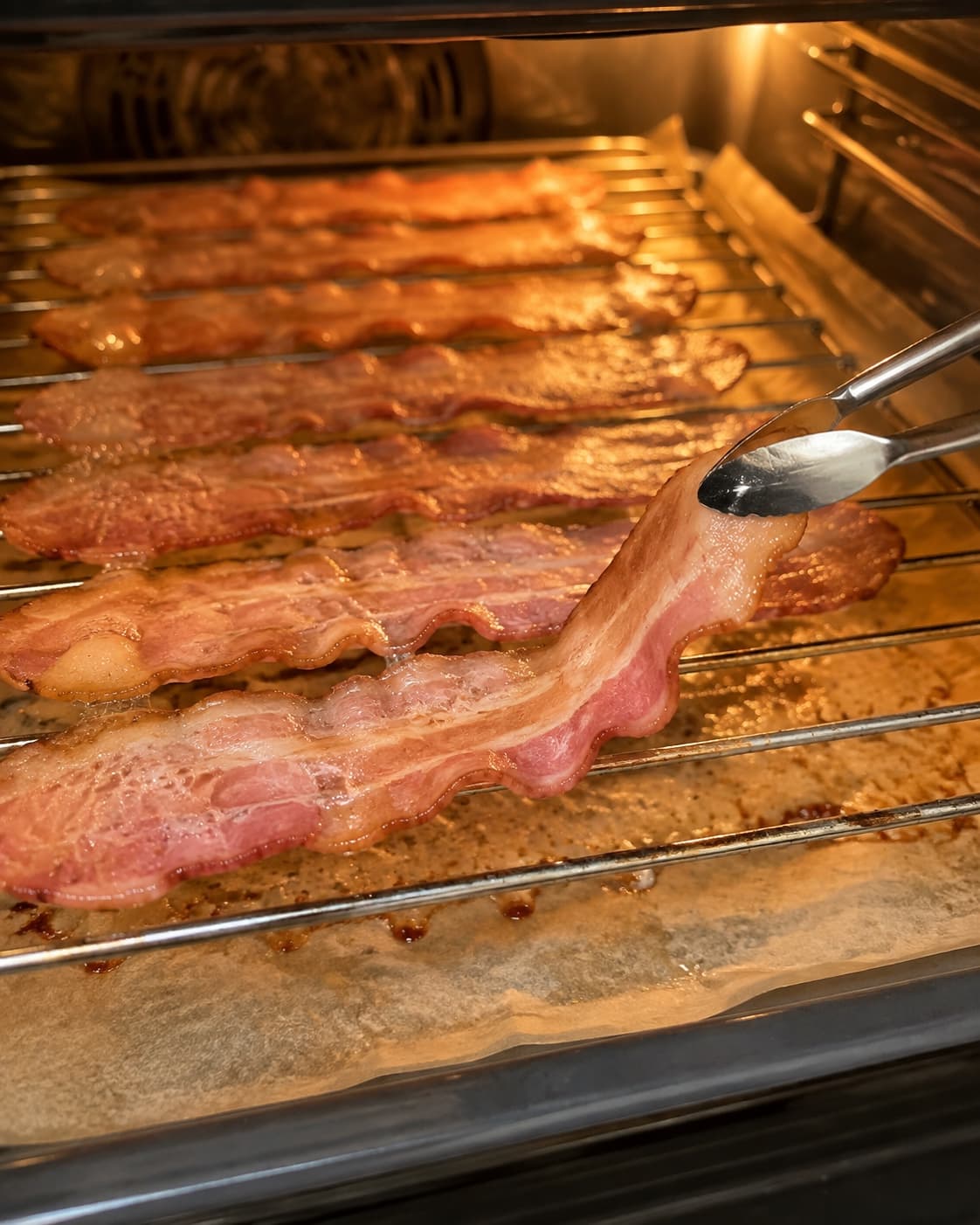 Bacon midt i ovnstegningen med lysegyldne kanter og boblende fedt