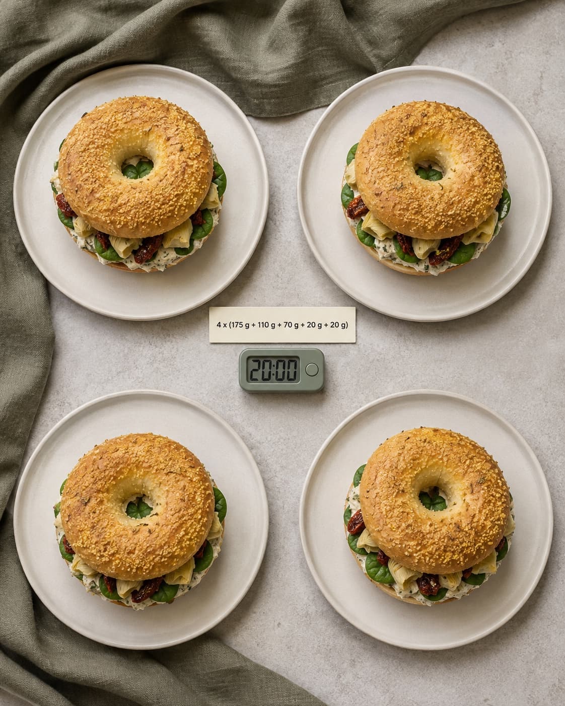 Fire kartoffelbagels fyldes med bønnecreme, artiskok og spinat