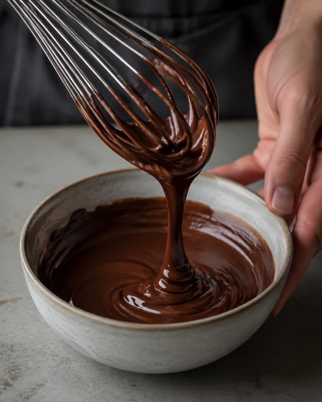 Varm fløde røres fra midten med mørk chokolade til blank flydende sauce