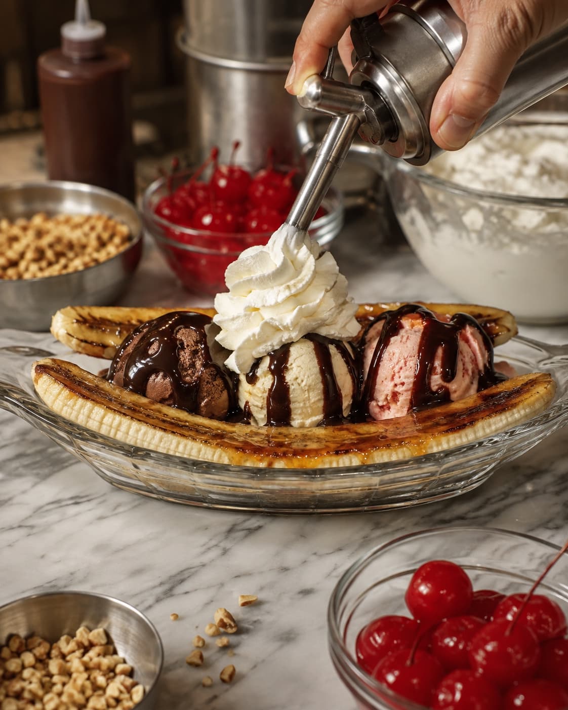 Karamelliseret banan samles hurtigt med tre iskugler, chokoladesauce og flødeskum