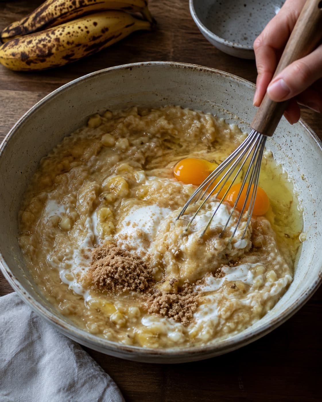Modne bananer moses groft og piskes med yoghurt, æg, farin og brunet smør