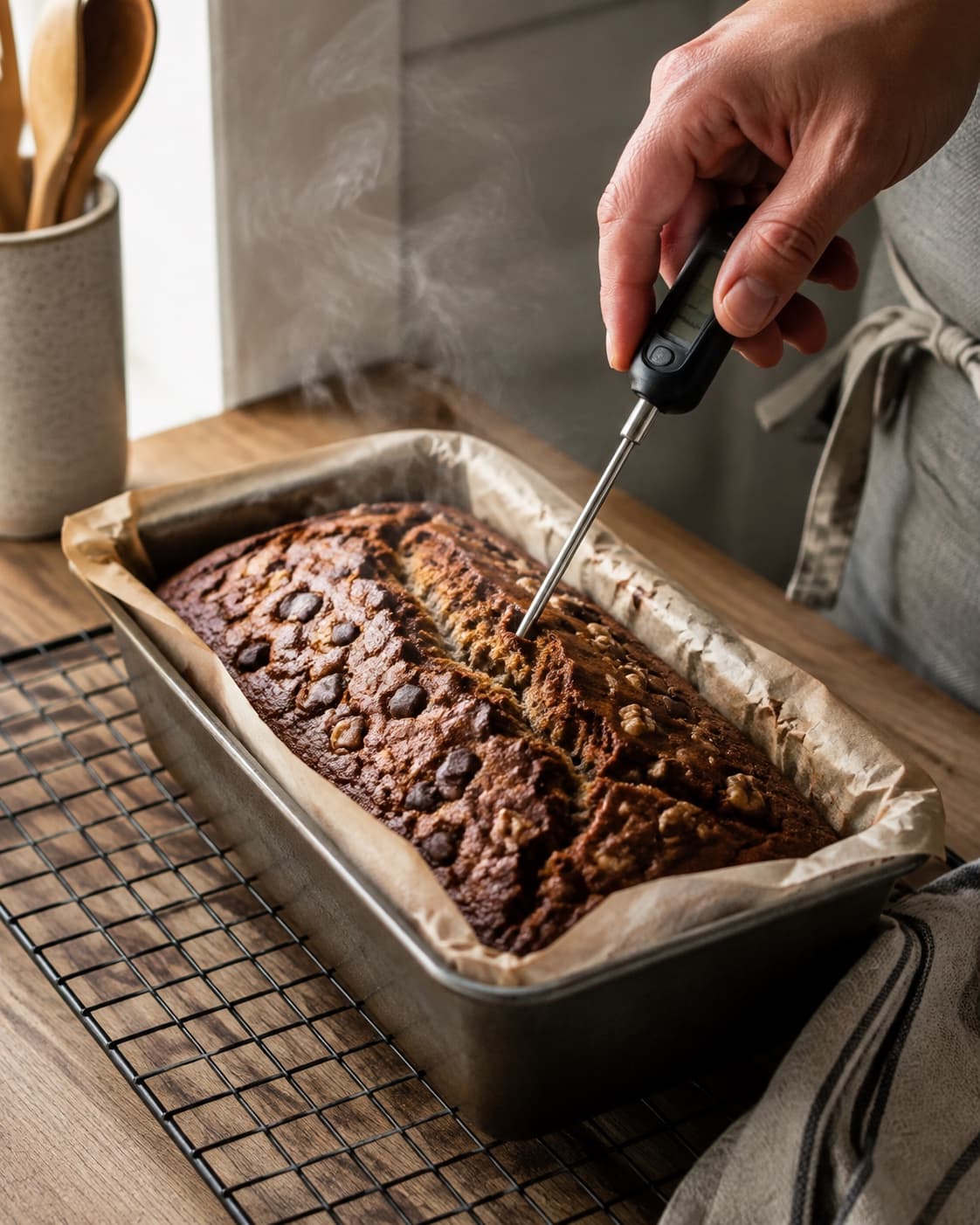 Bananbrød bager i beklædt form til revnet gylden top og målt saftig midte