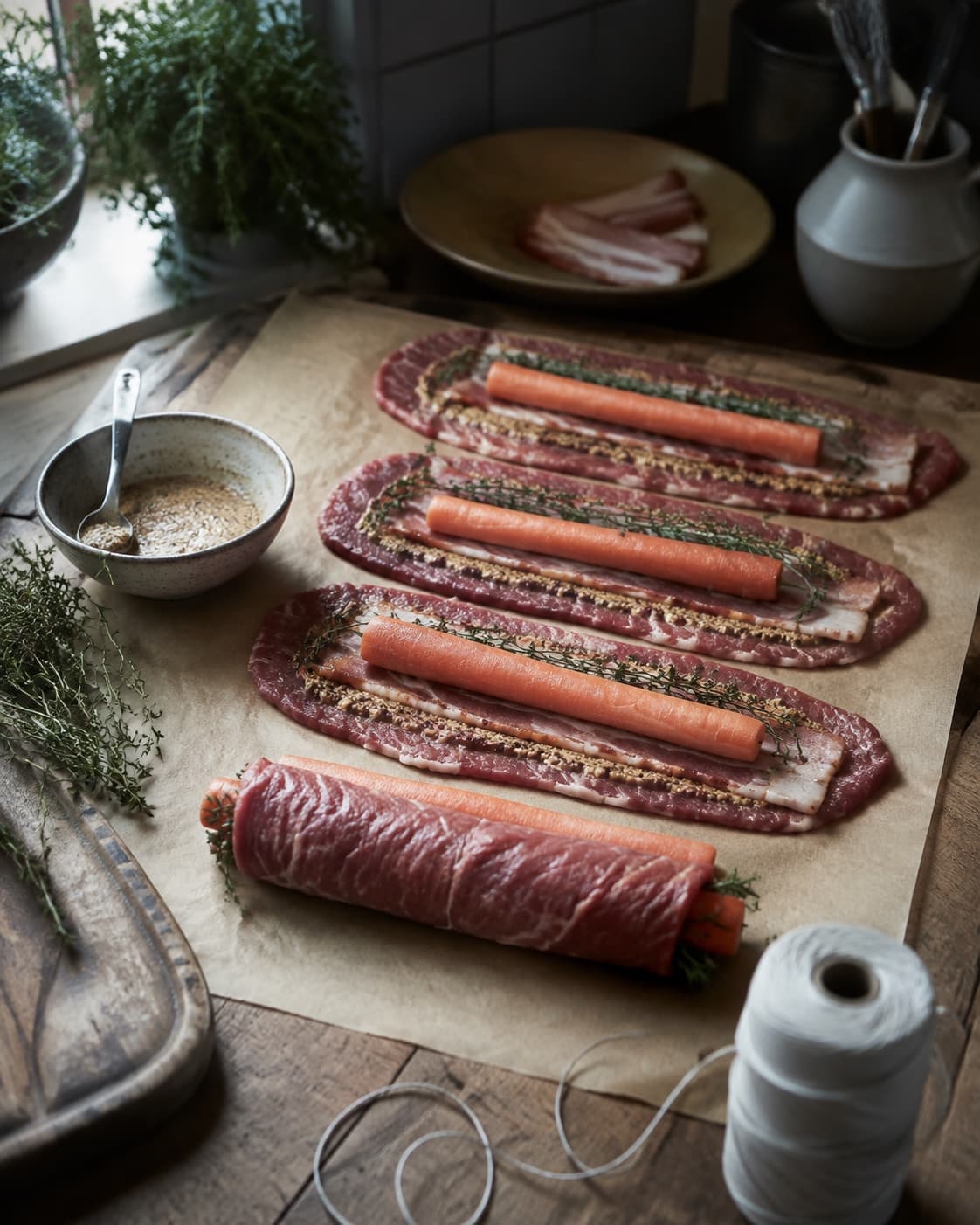 Tynde oksekødsskiver rulles stramt om bacon, gulerod og timian