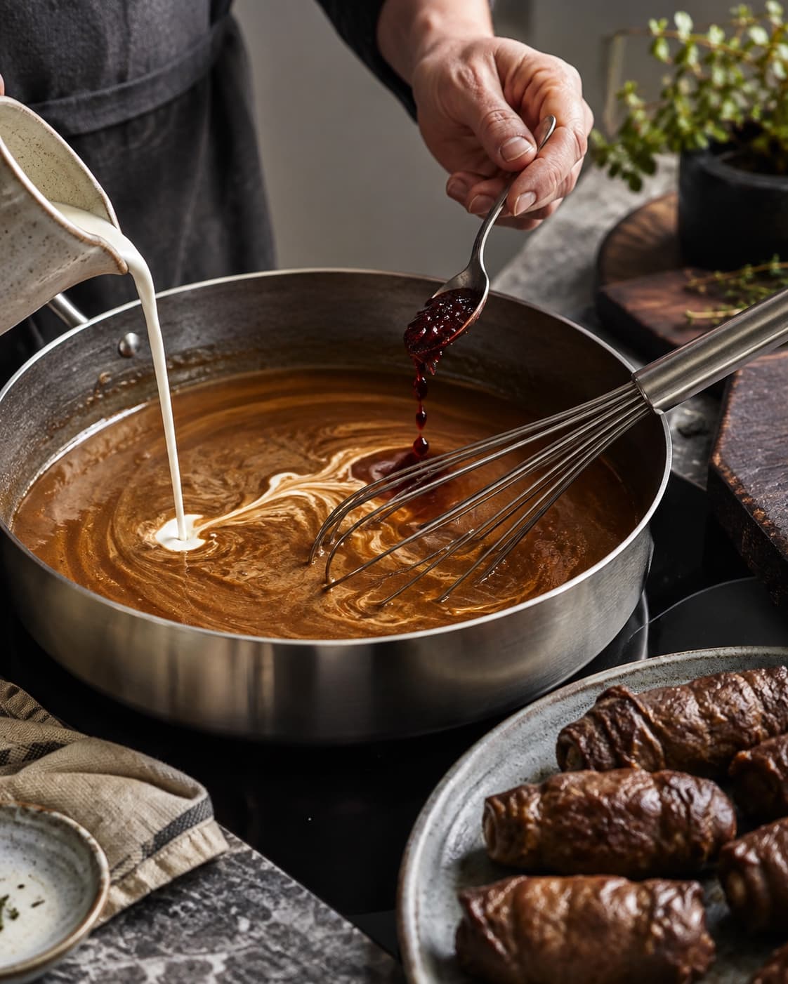 Mørk braiselage koges ind med fløde og ribsgele til blank sauce