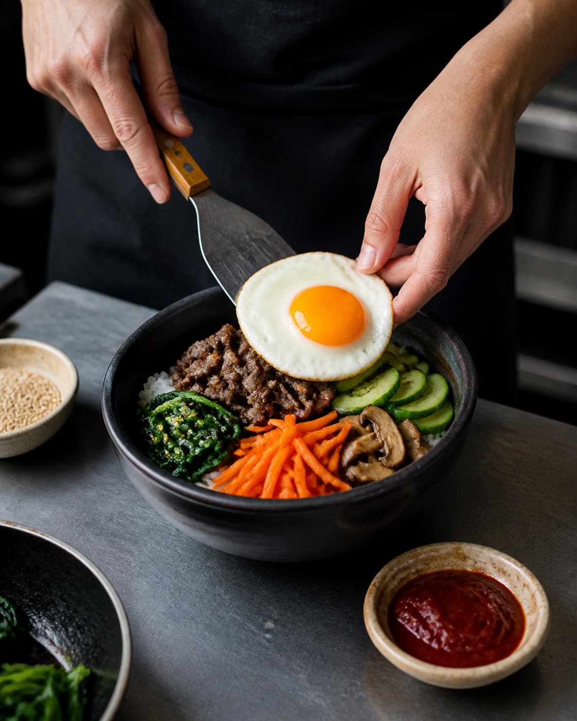 Bibimbap samles i farvefelter over ris med spejlæg og sauce