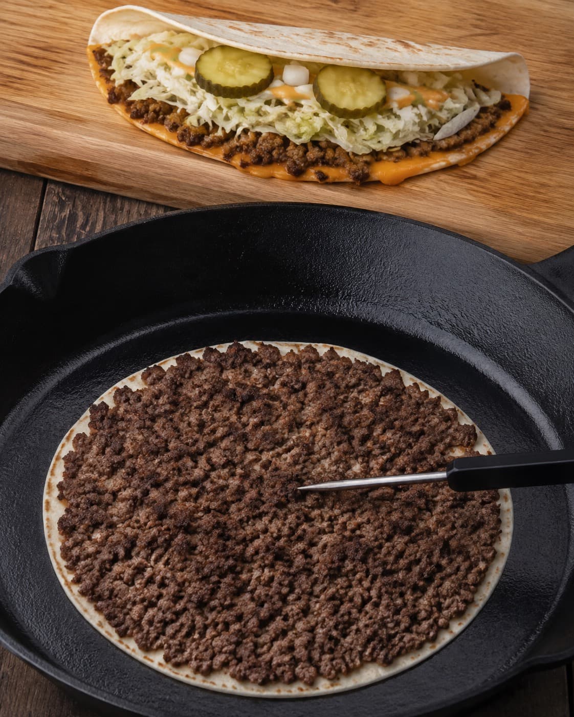 Gennemstegt kødlag på tortilla temperaturmåles i panden ved siden af én færdig Big Mac taco