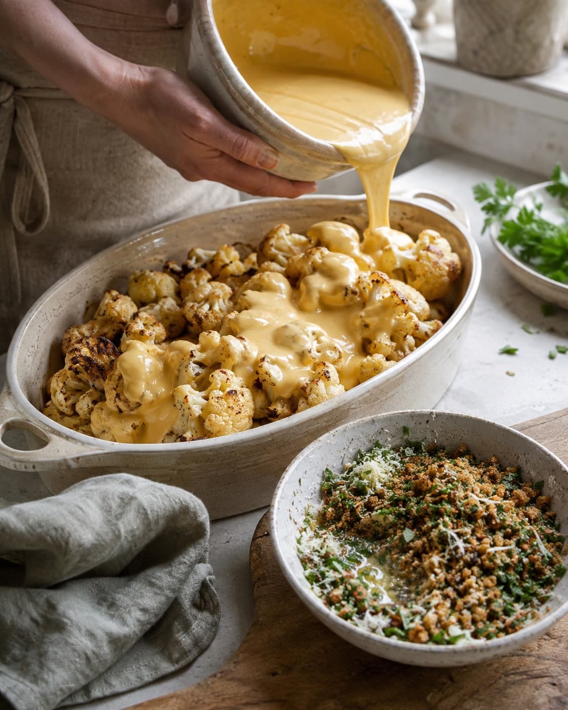 Ristet blomkål samles i varmt fad med ostesauce og rugkrumme