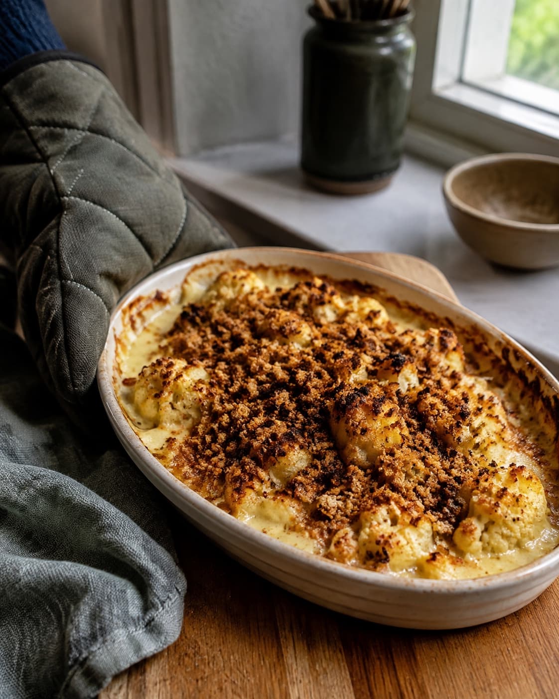 Blomkålsgratin bager til boblende kant og mørk gylden rugtop