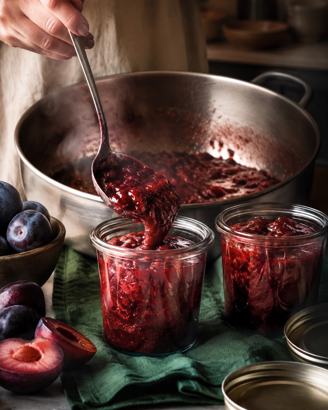 Varm grov blommechutney fyldes i helt rene små glas til køleskab