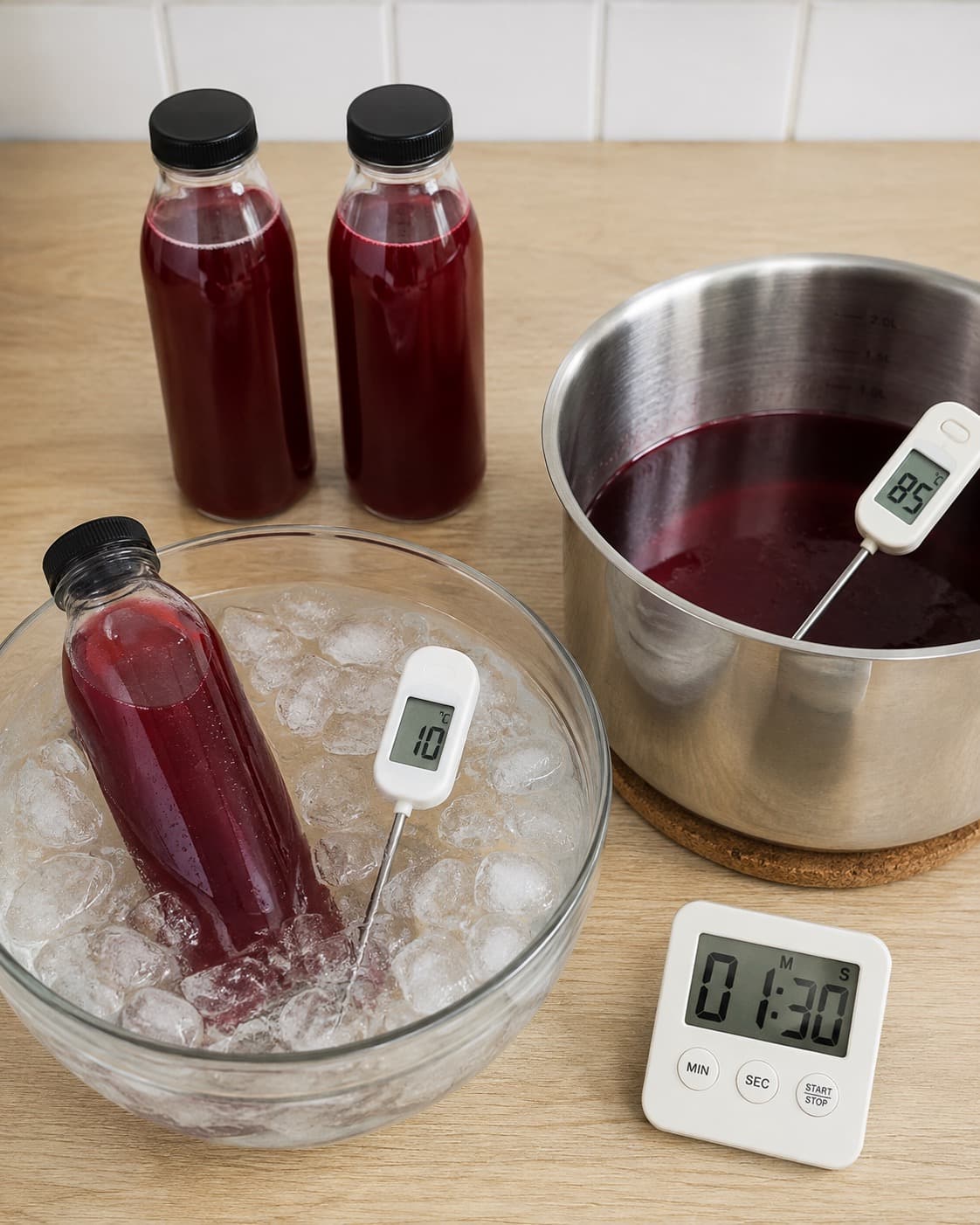 Tre portioner blommesaft køles fra 85 til 10 grader inden 90 minutter