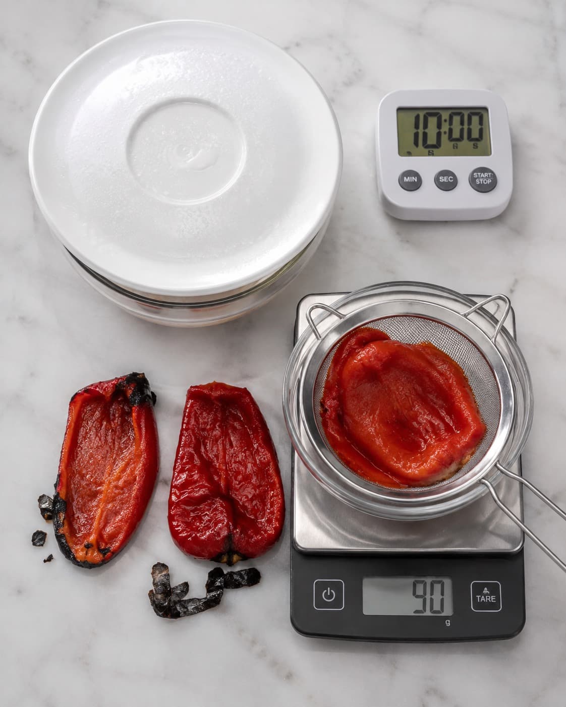 Ristet peber dampes, pilles og afdryppes til 90 gram