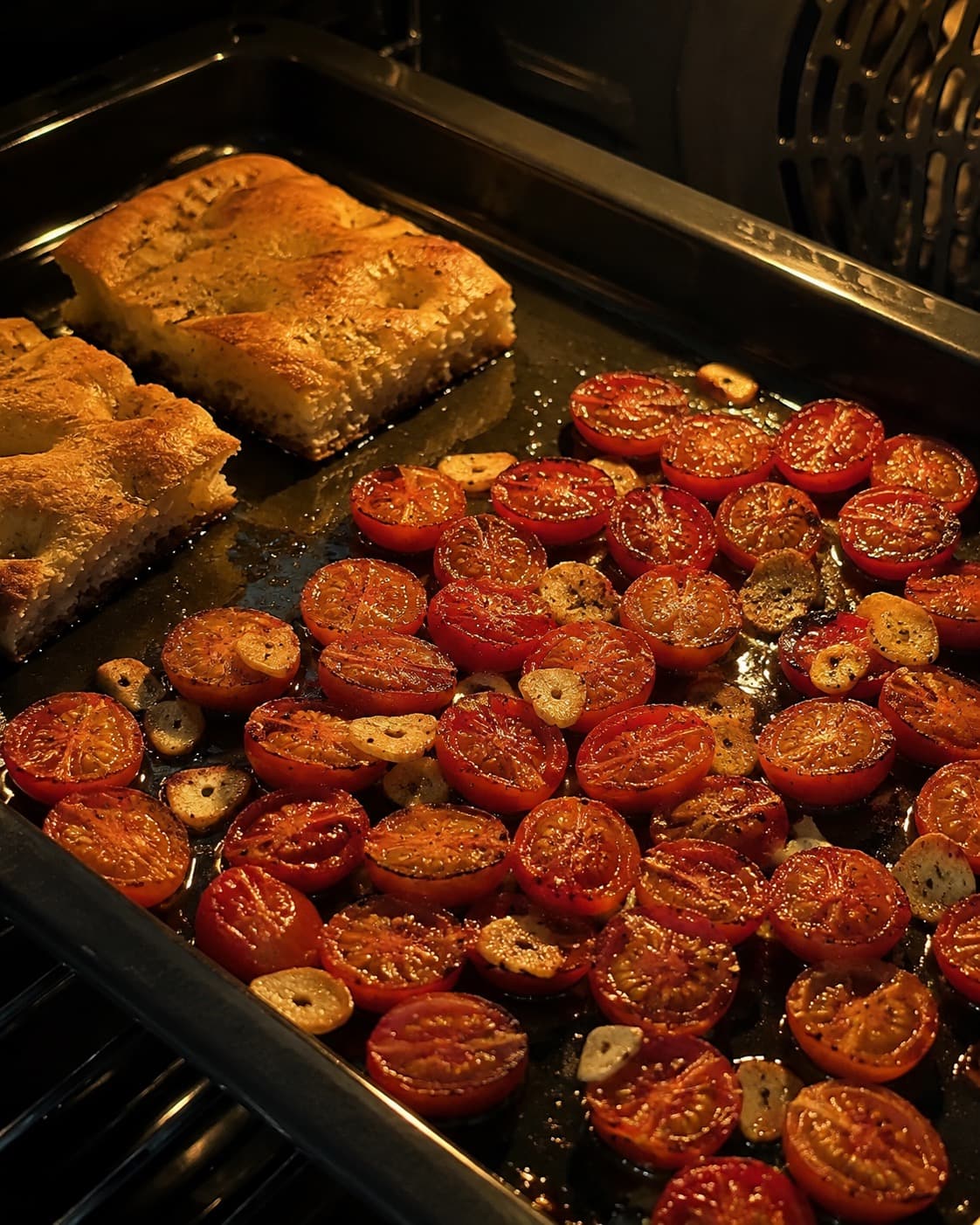 Cherrytomater bages med hvidløg, mens focaccia ristes på samme metalplade