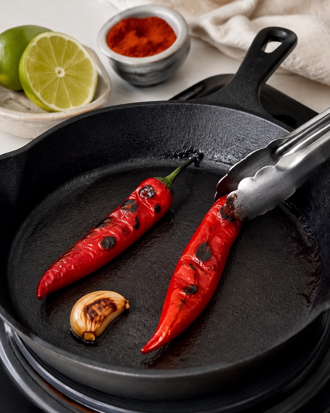 Rød chili og hvidløg ristes til mørke pletter og blødt kød