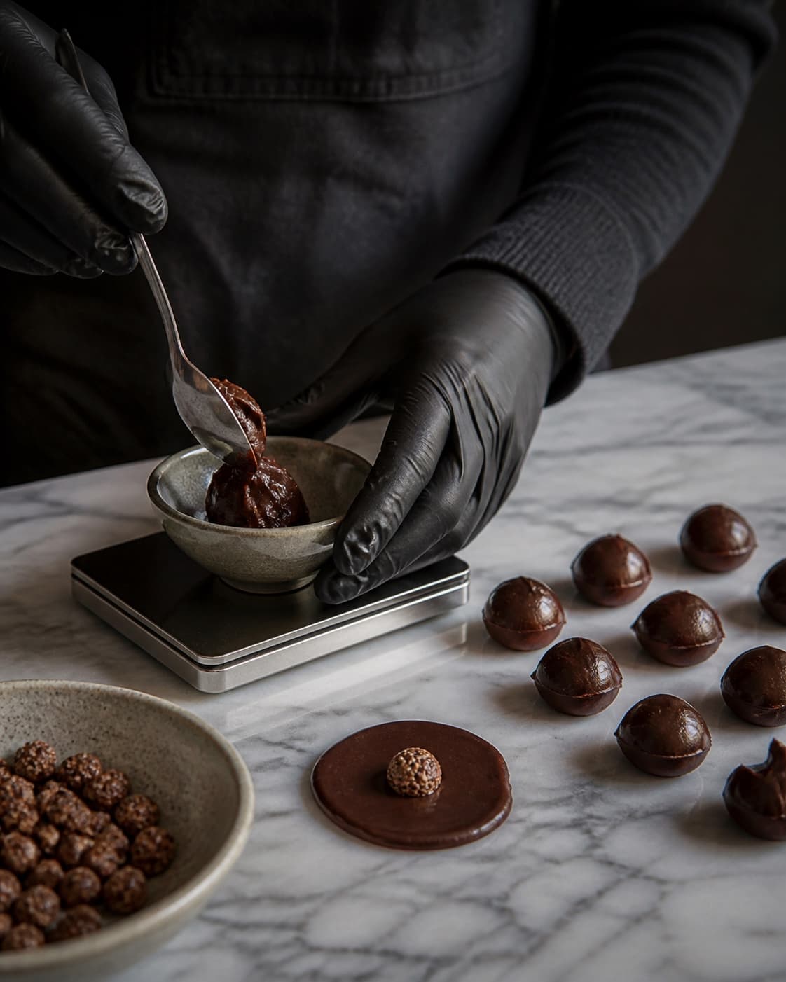 Afkølet ganache vejes og lukkes omkring små rugknasstykker