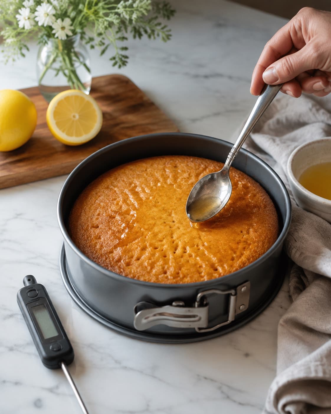 Varm citronkage prikkes og mættes gradvist med blank citronsirup