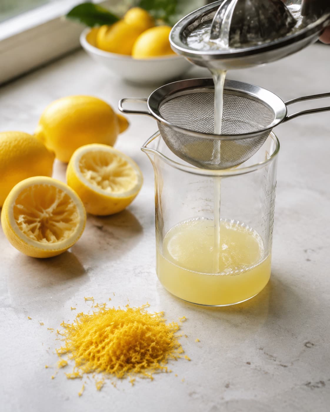 Gul citronskal uden hvid marv og frisk citronsaft, der sigtes i et målebæger