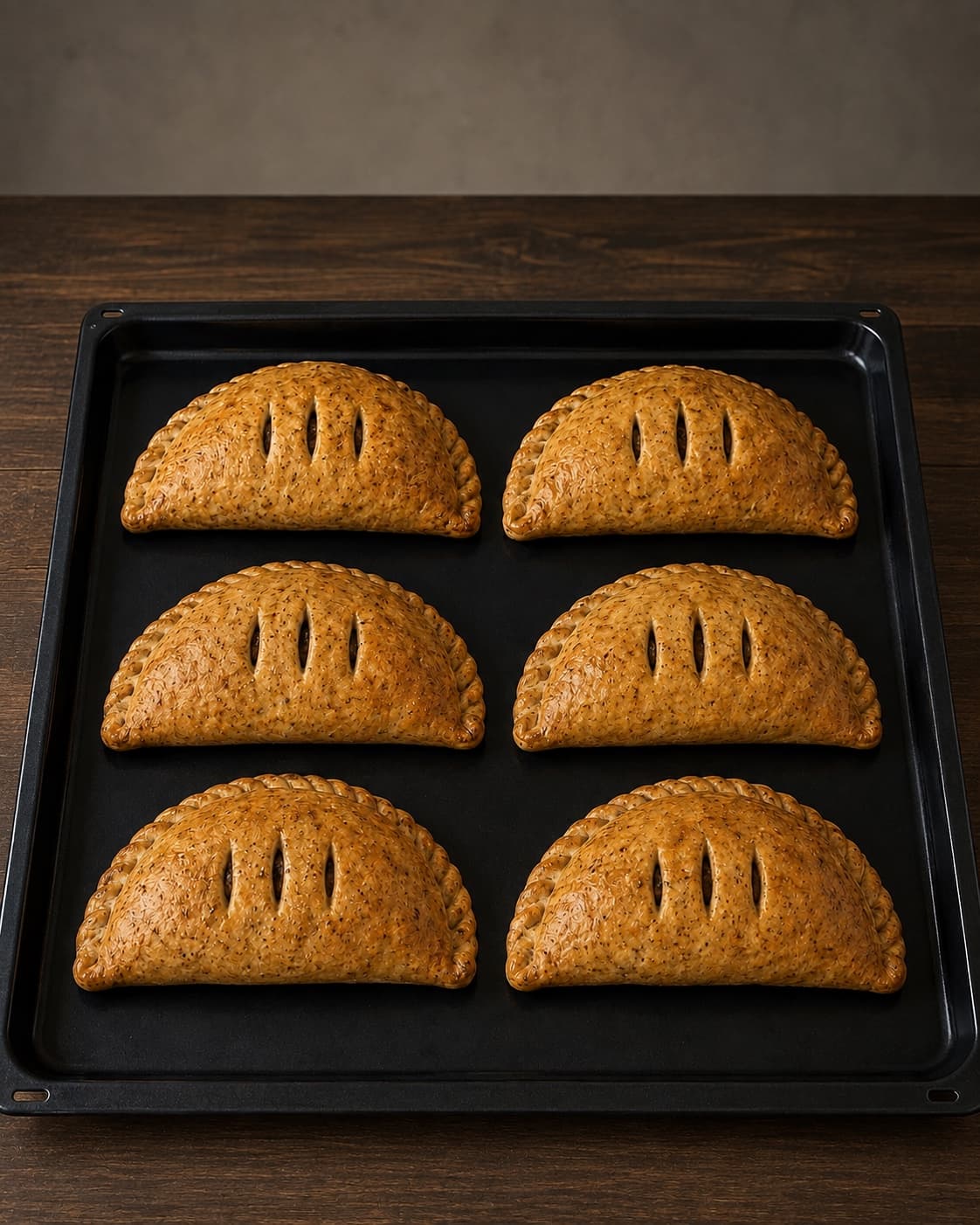 Seks Cornish pasties bages til 75 grader