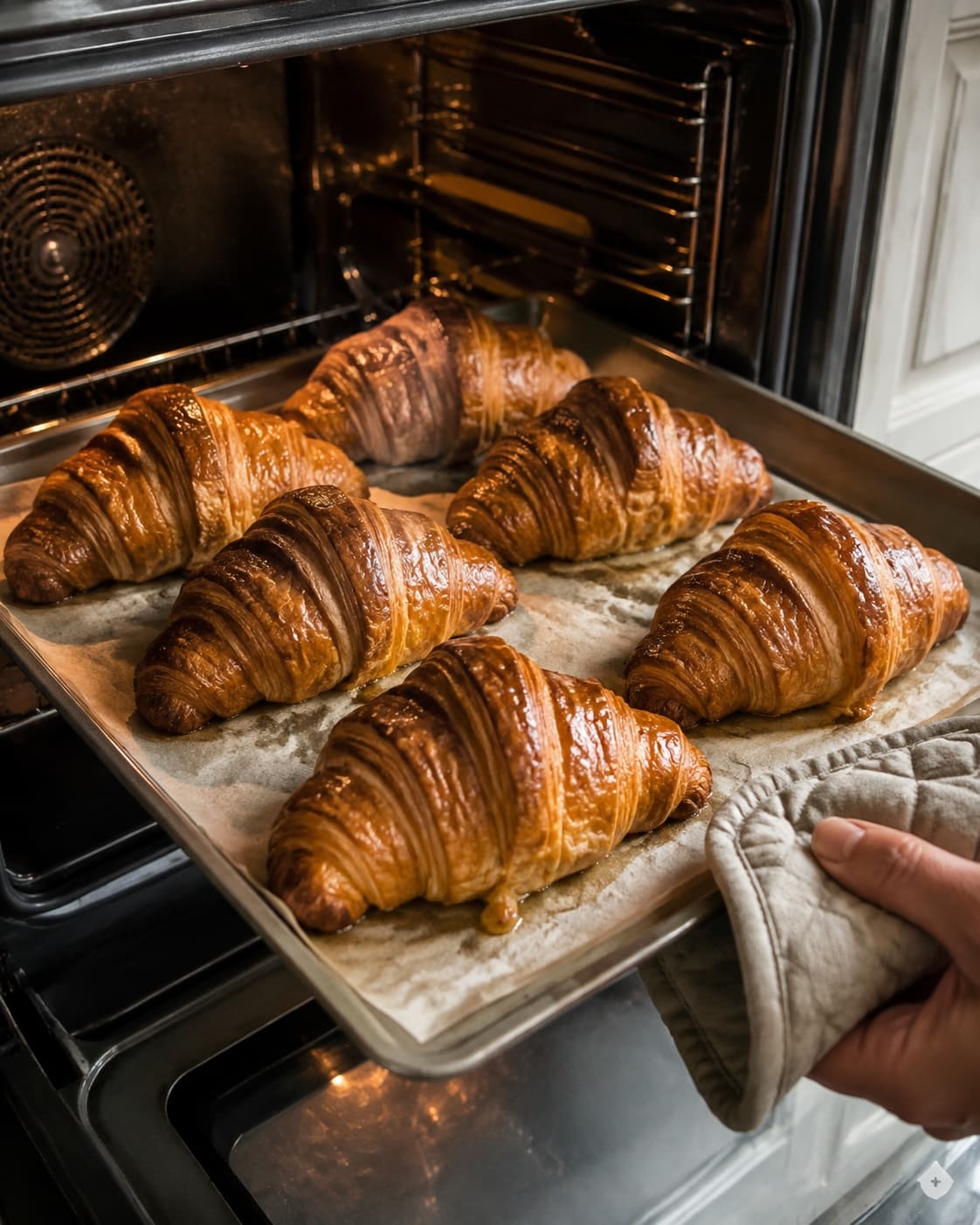 Hævede smørcroissanter bages dybt gyldne med adskilte blanke lag i ovnen