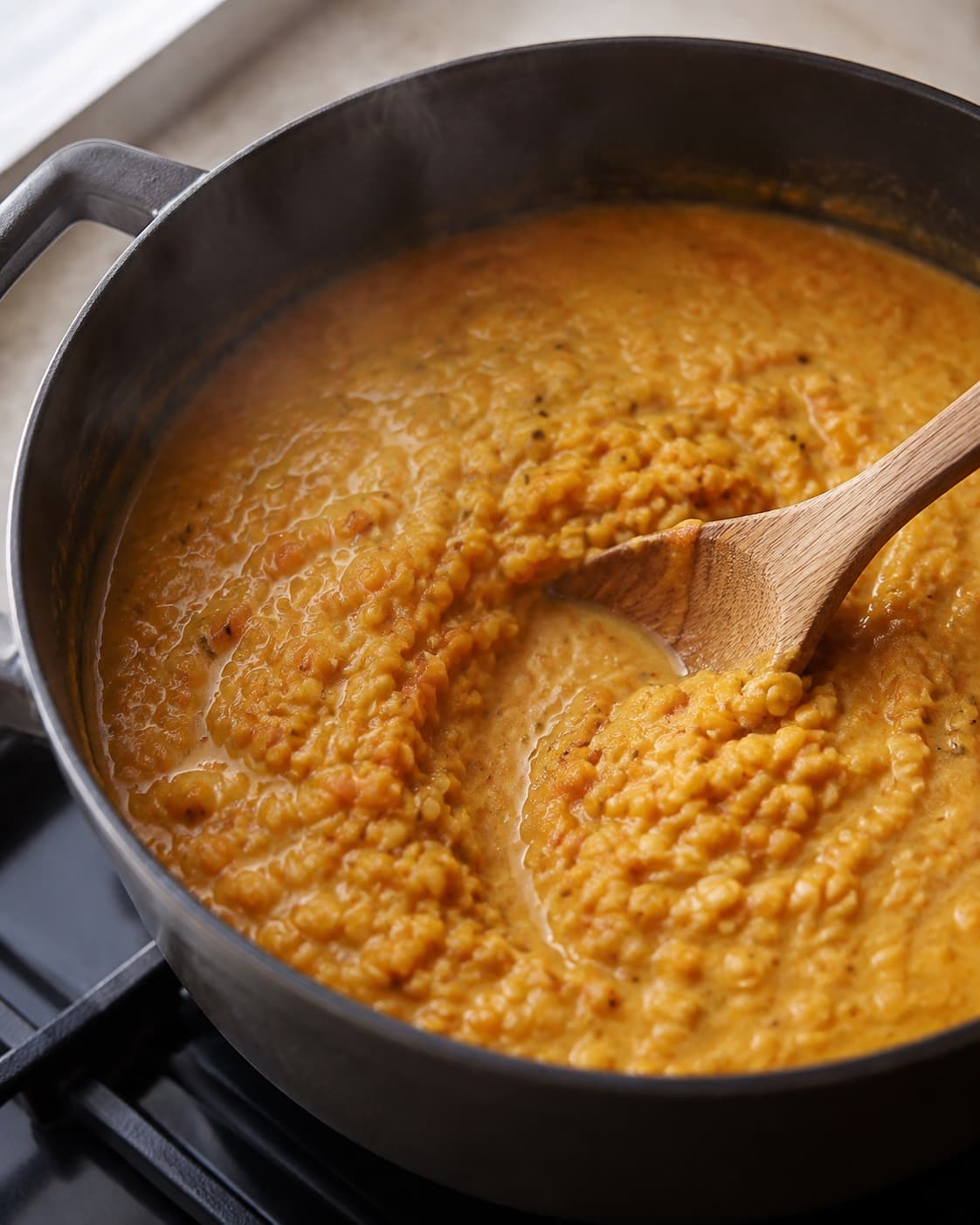 Røde linser simrer med kokosmælk til en cremet dhal med enkelte synlige linser