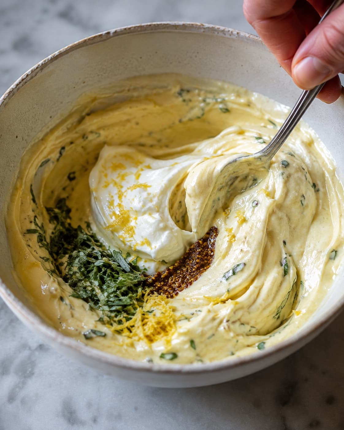 Cremefraiche, grov sennep, estragon og citronskal foldes i en fast hjemmelavet dijonnaise