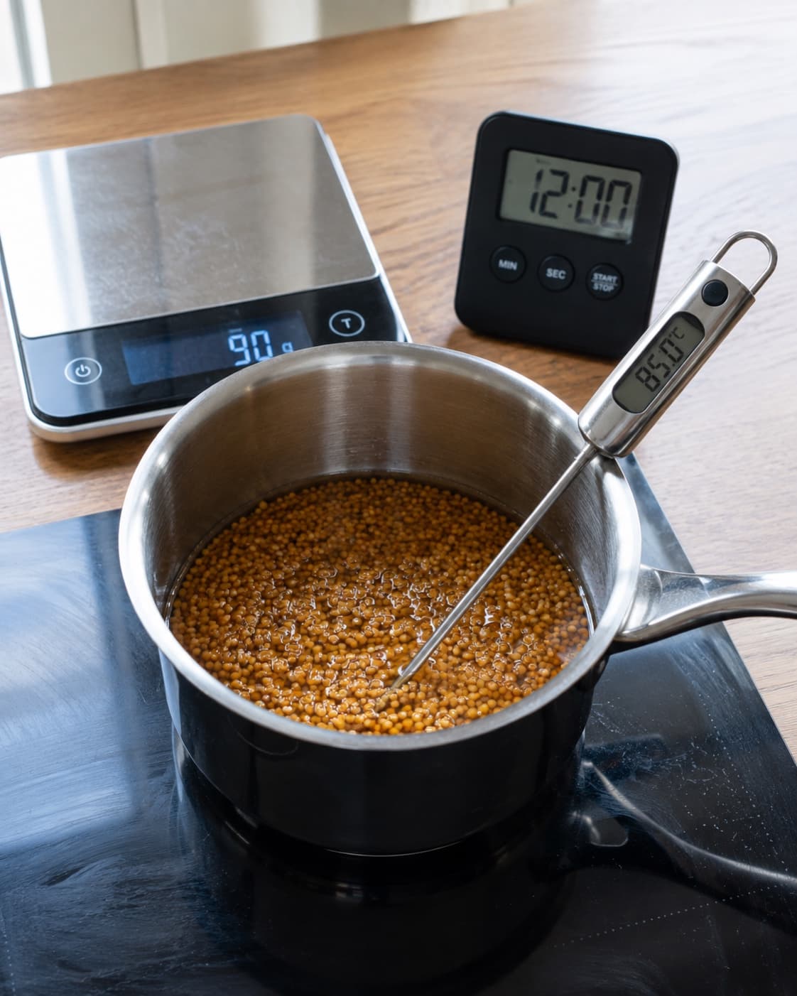 Sennepsfrø syltes til cirka 90 gram ved 85 grader