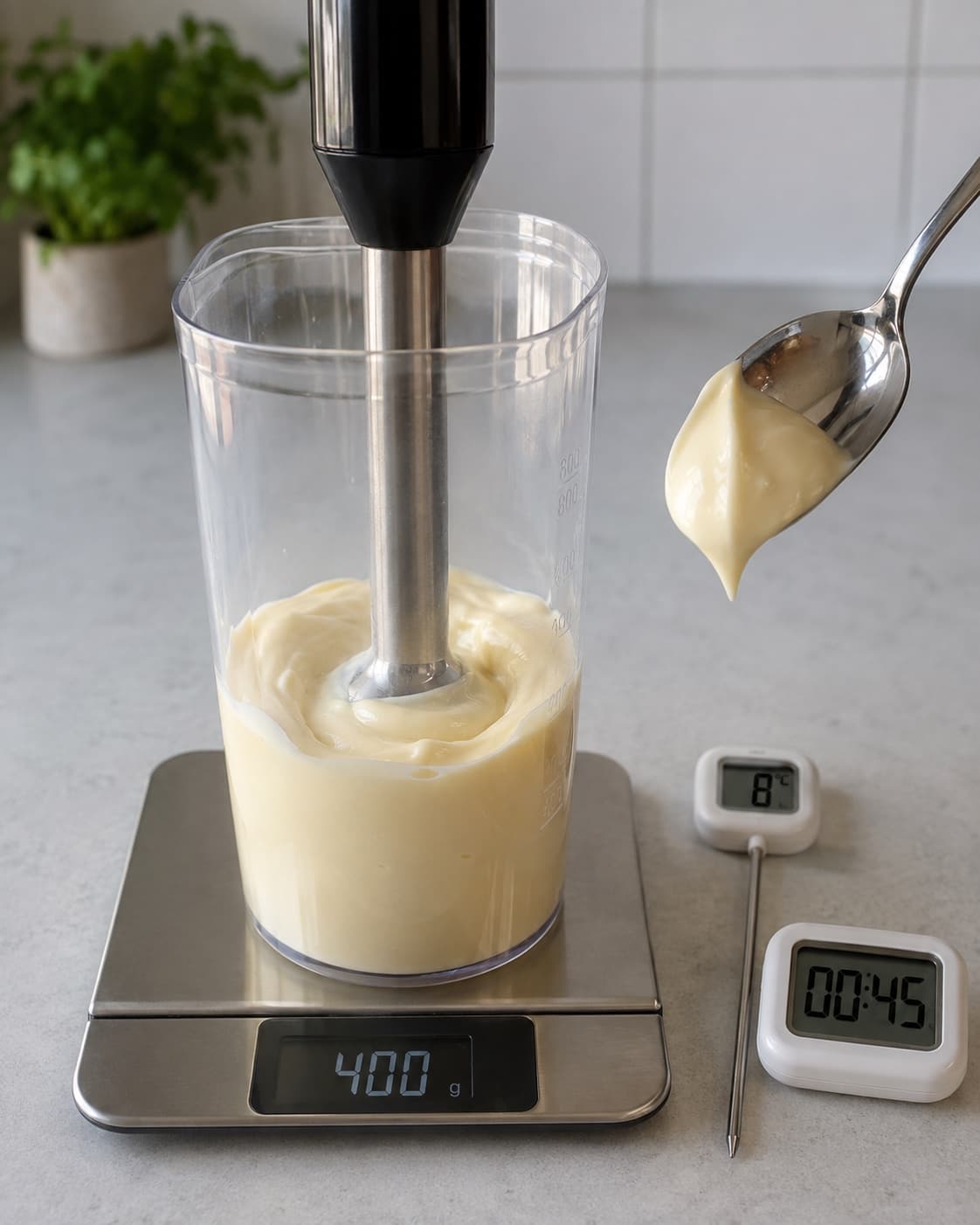 Mayonnaisebase blendes til cirka 400 gram ved otte grader