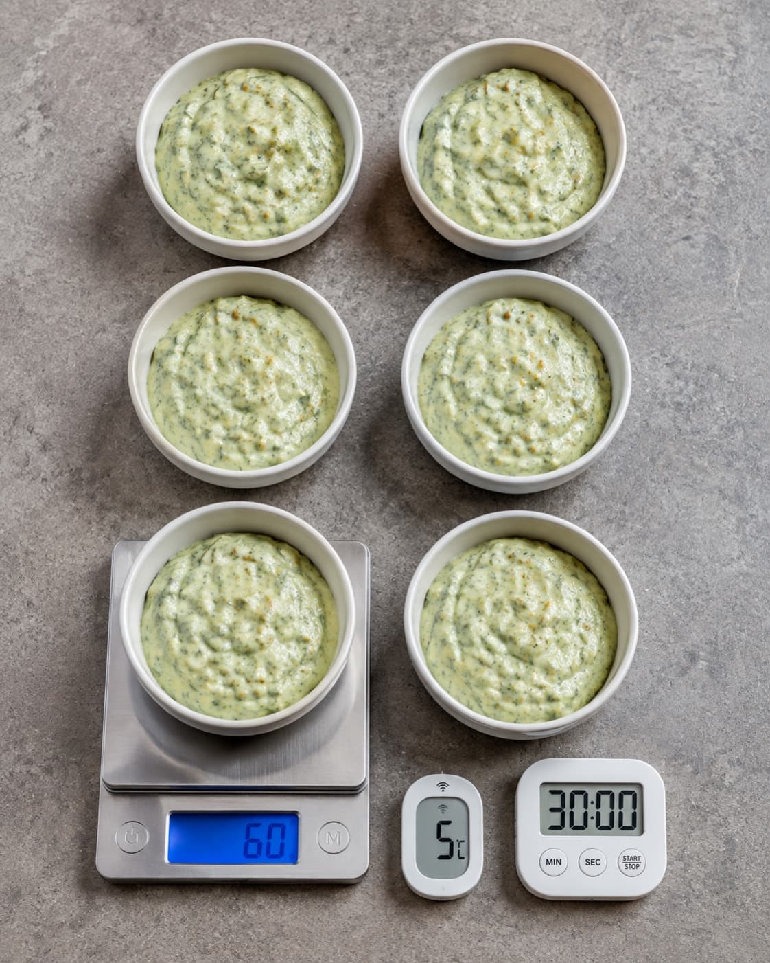 Seks skåle portioneres med 60 gram dildmayonnaise